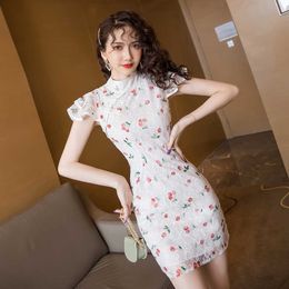 Women Sweet Cherry Print Bodycon Mini Sexy Elegant Dress High quality Lady casual cheongsam Lace 210529