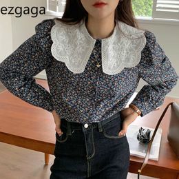 Ezgaga Women Blouse Korean Chic Turn-Down Collar Long Puff Sleeve Lace Patchwork Floral Printed Ladies Shirts Sweet Blusas 210430