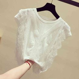 Lucyever Korean White Lace Flower Shirts Women Summer Casual Short Sleeve O-neck Chiffon Blouse Woman Plus Size Ladies Tops 210521