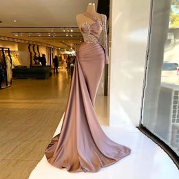 Arabic 2022 Mermaid Prom Dresses One Shoulder Beading Crystal Long Sleeve Satin Evening Formal Party Second Reception Gowns 322