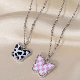 Fashion Black White Plaid Butterfly Pendant Necklace for Women Beads Thin Chain Simulation Wing Chokers Necklaces Gift
