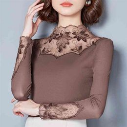 Hollow Out Women Spring Autumn Style Lace Blouses Shirts Casual Long Sleeve Patchwork Spliced Turtleneck Blusas Tops DF1491 210323