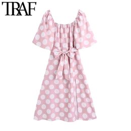 Women Sweet Fashion Polka Dot Print Midi Dress Vintage Short Sleeve Front Slit Female Dresses Vestidos Mujer 210507