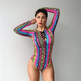 Sexy Corlorful Snake Print Swimsuit Long Sleeve Swimwear Women Lace Up Monokini Bathing Suit Beachwear Female 210520