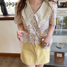 Ezgaga Sweet Floral Blouse Women Lace Patchwork Lapel Short Sleeve Single-breasted Slim Summer New Korean Fashion Shirts 210430