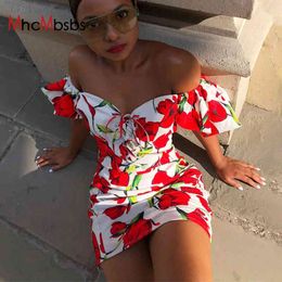 Sexy Off Shoulder Puff Short Sleeve Dress Women Print Ruched Bodycon Mini Dresses Boho Lace Up Beach Holiday Party Pleated Robe 210517
