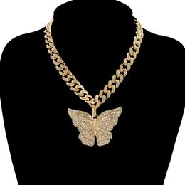 Fashion Shiny Crystal Butterfly Pendant Necklace Neck Chains For Women Miami Curb Cuban Chain Necklace Punk Hip Hop Jewelry Gift X0509