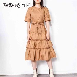 Green Patchwork Ruffle Elegant Dress For Women O Neck Short Sleeve High Waist Sashes Slim Midi Dresses Female 210520