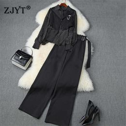 Fashion Runway Suit Women Autumn Winter Outfits Elegant Designers Dot Print Blouse+Vest+Pants 3 Piece Clothing Sets 210601
