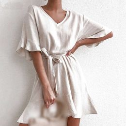 Casual Solid Cotton Linen Dresses Women Summer Short Sleeve V Neck Mini Party Dress Ladies A-line Summer Outfit 210709