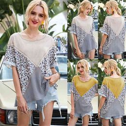 Women's Spring Summer Round Neck Basic T-shirt Short-sleeved Loose Top Tshirts Leopard Stitching Rolled T-shirts Female 210517