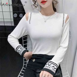 Spring Fall Korean Style Cotton T-Shirt Girl Chic Sexy Hollow Out Women Tops Long Sleeve Patchwork Letter Slim Tees T12810A 210421