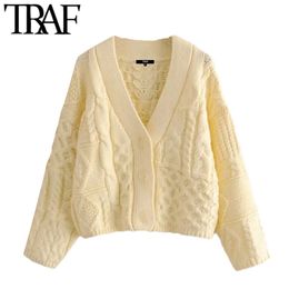 Women Fashion Patchwork Loose Cable-knit Cardigan Sweater Vintage V Neck Long Sleeve Female Outerwear Chic Tops 210507