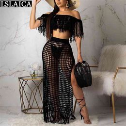 Sexy Outfits for Woman Beach Night Club Fashion 2 Piece Set Women Exposed Navel Hollow Out Tassel Thigh Slit Skirt 210515