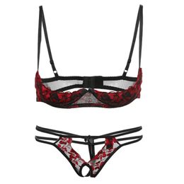 Red Embroidery Lace Bra Panty Lingerie Sexy Underwear Woman Open Crotch Panties Thin Cup Flower Set Lenceria Encaje