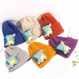 New arrive winter keep warm cartoon dinosaur shape knitted hat Korean kids lovely hooded hat boys and girls Woollen head hat kid Y21111