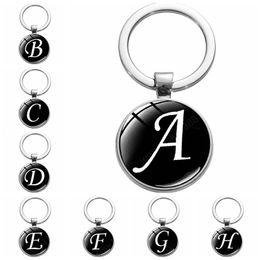 26 English Letters Glass Round Charm Key Ring Personality A-Z Initial Name Keychain Bag Ornament Car Key Chain Accessory Unisex