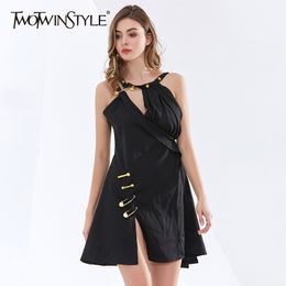 TWOTWINSTYLE Black Patchwork Pin Dress For Women Asymmetrical Collar Sleeveless High Waist Sexy Dresses Female Fashion Style 210517