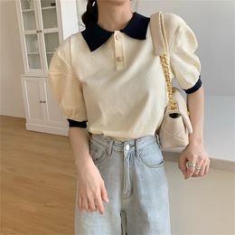Summer Polo Collar-colored Knitted Short-sleeved T-shirt Female Korean Version Loose-fitting Thin Student Short Top 210529