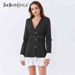Striped Patchwork Blazer For Women Notched Long Sleeve High Waist Sashes Casual Jacket Female Fall Fashion 210524