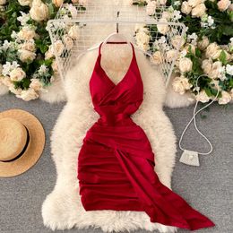 Foamlina Red Sexy Halter irregular Dress women Fashion summer sleeveless Deep V-neck Open Back Mini Club Party Dress Vestidos Y0603