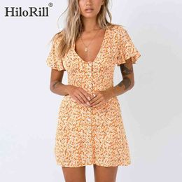 Vintage Floral Print Mini Dress Women Sexy Deep V Neck Boho Beach es Summer Short Sleeve Casual Button Robes 210508