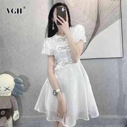 White Elegant Dress For Women O Neck Puff Short Sleeve High Waist Patchwork Bowknot Mini Dresses Female Summer Clothing 210531