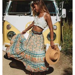 Jastie Summer Skirt Women Paisley Floral Print s Casual Vintage A-Line Beach saia Jupe Femme faldas Midi s 210621