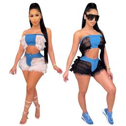 Adogirl Sheer Mesh Patchwork See Though Women's Set Strapless Crop Tops and Ruffles Shorts Two Piece Set Outfits Tracksuit X0428