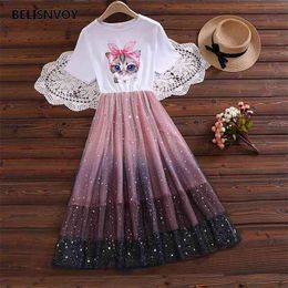 Summer Kawaii Cat Printed Sundress Women Sequins Stars Mesh Patchwork Fake Dress Girls Fairy Gradient Starry Sky Pleated 210520