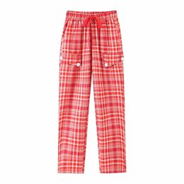 BBWM Women Retro Red Plaid Suit Pants Casual High Waist All-Match Drawstring Straight Pants Fashion Trousers 210520