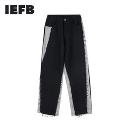 IEFB High Street Fashion Design Men's Straight Trousers Spring Contrast Colour Patchwork Raw Rage Vintage Streetwear Pants 210524