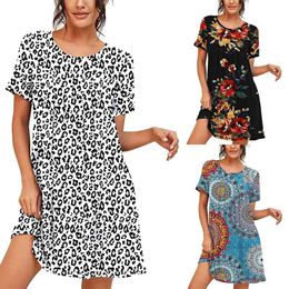 Long Digital Printing Leopard Print Plus Size Fashion Dress Loose Round Neck Short Sleeve A-Line Pullover 210517