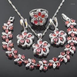 Earrings & Necklace St Red Garnet Flower Silver Colour Jewellery Sets Women Wedding Zirconia Bracelet Pendant Ring QS0534