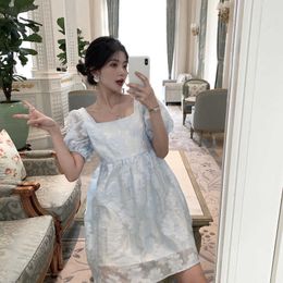 High Waist White Square Neck Puff Sleeve Jacquard Dress Women Mini Summer Fairy Gentle Temperament Doll Sweet Vestido De Mujer 210610