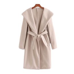 Casual Woman Oversized Sashes Hooded Woolen Coat Fashion Ladies Autumn Loose Camel Outwear Female Elegant Warm Jacket 210515