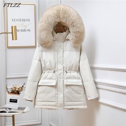 Winter Women Large Natural Fox Fur Hooded Jacket 90% White Duck Down Thick Parkas Warm Sash Tie Up Snow Coat 210430