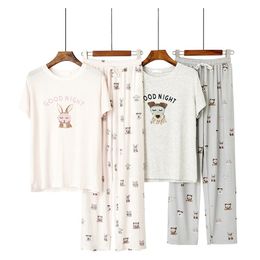 Short Pyjama Femme Summer Cotton Modal Short-sleeved Sleep Tops with Cartoon Design Printing Home Shorts Pyjama Woman 210809