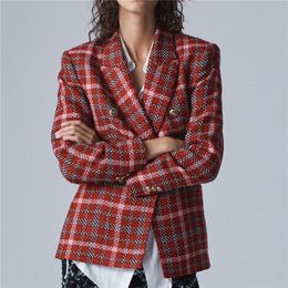 BLSQR Office Ladies Plaid Women Tweed Blazer Coat Causal Long Sleeve Autumn Winter Jacket Pocket Female Suit 210430