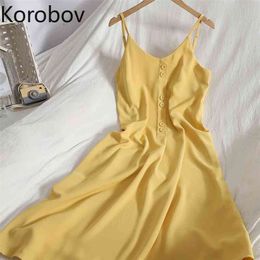 Korobov Vintage Solid Elegant Women Dress Summer Spaghetti Strap V Neck Chiffon Dresses Preppy Style Beach Style Boho Vestiods 210430