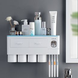 Automatic Toothpaste Dispenser Squeezer Kit with Toothbrush Holder Cups Wall Mounted Multifunctional Bathroom Organiser Storage 210322