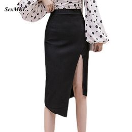 Faldas Mujer Moda 2021 Fashion Elastic Pencil Skirt High Waist Sexy Black Skirt Women Bodycon Elegant Zipper Long Midi Skirts X0428