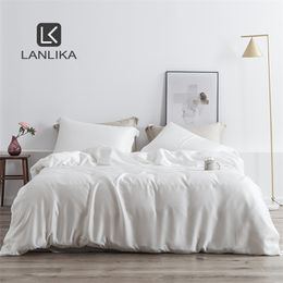 Lanlika Noble White 100% Silk Beauty Bedding Set 25 Momme Silk Healthy Duvet Cover Double Queen King Bed Linen Home Textile 210319