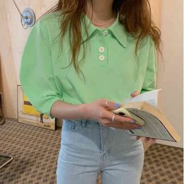 Women Girls Casual Summer Short Green Solid Color Three-Button Polo-Collar Puff Sleeve T-Shirt Female Loose Tops B3073 210514