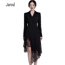 Autumn Winter temperament long-sleeved black Notched Slim dress irregular Lace patchwork dress women's clothing 210518