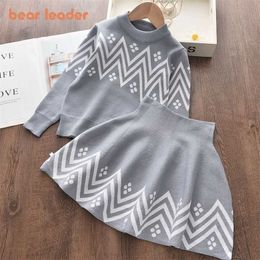 Bear Leader Girls Dress Winter Geometric Pattern Dress Long Sleeve Girls Clothes Top Coat+ Tutu Dress Sweater Knitwear 2pcs 211027