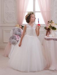 Cute Flower Girl Dresses For Weddings Ball Gown Tulle Appliques Lace Beaded Bow Long First Communion Little