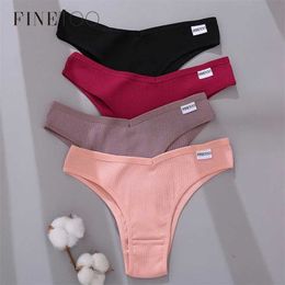 FINETOO Cotton Brazilian Panties Women Sexy V Waist G-String Underwear Female T-back Underpants M-XL Lady Bikini Panty 3Pcs/set 211105