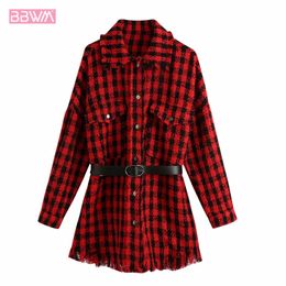 Women's Lapel Long Sleeves with Belt Jacket Coat Retro Loose Pocket Red Lattice Chic Outerwear Female Tops 210507