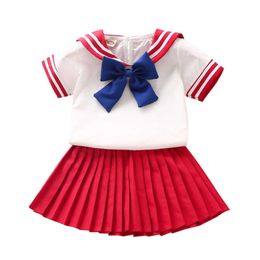 LZH Summer Baby Girls Clothes Suit Short Sleeve T-Shirt+Skirt 2Pcs Sets Children Clothing Kids Navy Style School Uniform